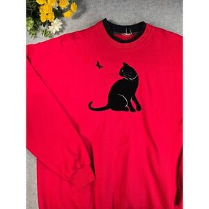 Vintage Top Stitch Black Cat Crewneck Double Collar Sweatshirt Rhinestone XL